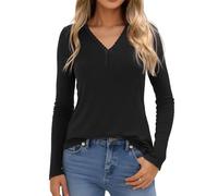 Crewhpo Womens Thermal Tops Long Sleeve Base Layer Lace V Neck Thermal Underwear Shirt Cotton Thermal Vest Winter Warm Basic Top Black