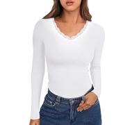 Crewhpo Womens Thermal Tops Long Sleeve Thermal Vest Lace V Neck Base Layer Lightweight Thermal Underwear Shirt Slim Fit