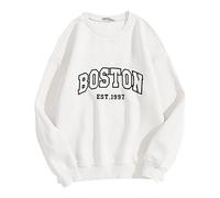Crewneck Sweatshirts Graphic Boston Letter Print Fleece Fall Winter Outfit Drop Shoulder Pullover Tops Casual Fall Clothes Crewneck Sweatshirts For Women (White,Xxl)