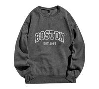 Crewneck Sweatshirts Graphic Boston Letter Print Fleece Fall Winter Outfit Drop Shoulder Pullover Tops Casual Fall Clothes Preppy Clothing (Dark Gray,S)