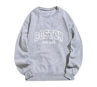 Crewneck Sweatshirts Graphic Boston Letter Print Fleece Fall Winter Outfit Drop Shoulder Pullover Tops Casual Fall Clothes Brown Hoodie (Grey,Xxl)