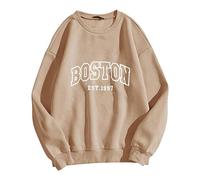 Crewneck Sweatshirts Graphic Boston Letter Print Fleece Fall Winter Outfit Drop Shoulder Pullover Tops Casual Fall Clothes Kawaii Clothes (Khaki,S)