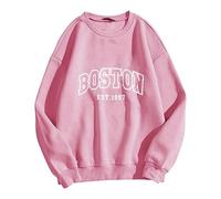 Crewneck Sweatshirts Graphic Boston Letter Print Fleece Fall Winter Outfit Drop Shoulder Pullover Tops Casual Fall Clothes Black Sweatshirt (Pink,M)