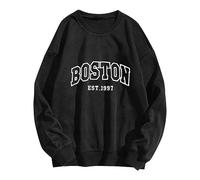 Crewneck Sweatshirts Graphic Boston Letter Print Fleece Fall Winter Outfit Drop Shoulder Pullover Tops Casual Fall Clothes Sweaters For Teen Girls (Black,Xxl)