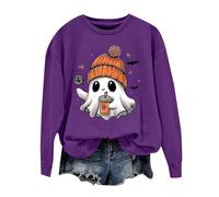 Crewneck Sweatshirts Women Oversized Halloween Comfy Printed Sweatshirts Casual Pullover Graphic Long Sleeve Ladies Cosy Tops Fall Tees Office Work Daily Wear Purple