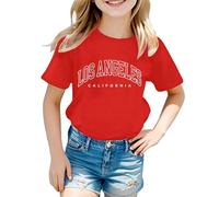 Crewneck Tshirts for Kids Girls Age 2-14 Years Los Angeles T Shirts Tops for Teenage Girls Short Sleeve Loose Graphic Summer Athletic Casual School Vacation Blouse (11-12 Years, Red)