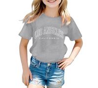 Crewneck Tshirts for Kids Girls Age 2-14 Years Los Angeles T Shirts Tops for Teenage Girls Short Sleeve Loose Graphic Summer Athletic Casual School Vacation Blouse (11-12 Years, Grey)