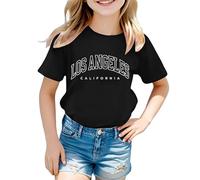 Crewneck Tshirts for Kids Girls Age 2-14 Years Los Angeles T Shirts Tops for Teenage Girls Short Sleeve Loose Graphic Summer Athletic Casual School Vacation Blouse (11-12 Years, Black)