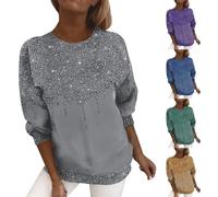 Crewneck Tunic Pullover Loose T-Shirts Glitter Printed Sweatshirts Casual T Shirt Long Sleeve Tops Solid Colour Tee Tops Soft Sparkly Top Ladies Blouses Tshirts Women Elegant T-Shirt Jumper