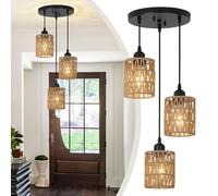 CRFASIBE 3 Lights Pendant Light Fixtures, Rattan Hanging Light Kitchen Lighting, Pendant Cord Adjustable, Vintage Chandelier for Living Room Bedroom (Black)