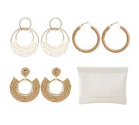 CRFASIBE 3 Pairs Women Boho Rattan Earrings, Summer Beach Dangle Straw Earrings, Raffia Hoop Stud Jewellery Set with Gift Bag for Ladies Girls (Style E)