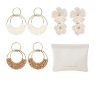 CRFASIBE 3 Pairs Women Floral Petal Rattan Earrings, Boho Summer Beach Dangle Straw Earrings, Raffia Stud Jewellery Set with Gift Bag for Ladies Girls (Style D)