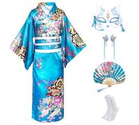 CRFASIBE 5PCS Girls Kimono Japanese Set, Yukata Costume, Size 130/140/150cm | Kids Traditional Kimono Set with Mask and Accessories, Gift Box Included, 7-13Y, Outfit for Carnival, Cosplay, Cultural Day