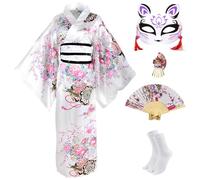 CRFASIBE 5PCS Japanese Traditional Kimono Costume for Women, Floral Printed Kimono Robe, Japanese Yukata Dress Geisha Cosplay Costume Set with Accessories(White)