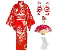CRFASIBE 5PCS Women Japanese Kimono, Kimono Dressing Gowns, Traditional Japanese Yukata Geisha Costume, Floral Robe Cosplay Costume Set with Accessories (Red)