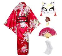 CRFASIBE 5PCS Women Japanese Kimono, Traditional Japanese Costume, Floral Printed Kimono Robe, Yukata Geisha Dress, Oriental Cosplay Costume Set with Accessories (Wine Red)