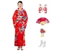 CRFASIBE 5PCS Women Kimono Long Robe, Japanese Traditional Yukata Geisha Dress, Peacock Kimono Photography Cosplay Costume Set with Accessories(Red)