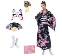 CRFASIBE 5PCS Women Kimono Long Robe, Japanese Traditional Yukata Geisha Dress, Peacock Kimono Photography Cosplay Costume Set with Accessories(Black)