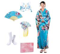 CRFASIBE 5pcs Women Long Kimono Robe, Peacock Printed Kimono Geisha Yukata Dress, Japanese Traditional Bathrobe Cosplay Costume Set (Blue)