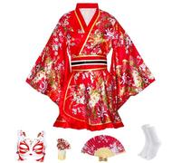 CRFASIBE Asian Japanese kimono Dress for Women Anime Maid Outfit Halloween Samurai Costumes Yukata Kawaii Dress 5pc(Red)