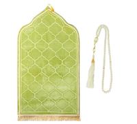 CRFASIBE Muslim Prayer Rug with Tasbih, Soft Flannel Prayer Mat, Islamic Sajadah Embossed Tassel Rug, Ramadan & Eid Mubarak Gift Set (Green)