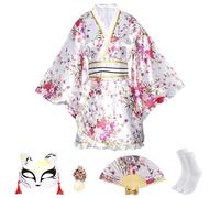 CRFASIBE Women's Short Kimono Set, 5-Piece Traditional Japanese Yukata-Inspired Robe with Sakura Print, Including Obi Belt & Accessories, ideal for Anime-Con, Carnival, Themeparty (White)