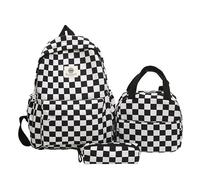 CRGANGZY Checkerboard Backpack with Pencil Case&Tote Bag Casual Nylon Backpack(Black) (Black)