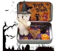 CRGANGZY Handmade Witch Bear in Box, Cute Halloween Teddy with Broom, Pumpkin & Cat, Plush Mini Bear Emotional Support Gift for Friends, Trick or Treat Party Favour Decor