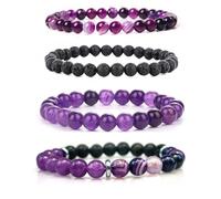 Crgwxzl - 4pcs Natural Glass Beads Bracelets for Women 8mm Semi Precious Beads Round Beads 6mm Stretch Beads Anxiety Stress Relief Spiritual Jewelry Gifts, 7.45, Amethyst, Lava Stone, Purple Agate