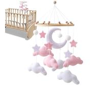 Crib Hanging - Pink Felt Moon Cloud Star Wind Chime | Stroller Bell Rattle Toy | Nursery Mobile Decoration Bedside Hanging Decor Gift Boys Girls