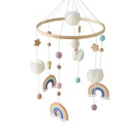 Crib Mobile 9x19in Rainbow, Star, Pompom & Crochet Ball Mobile for Bassinet with Bamboo Holder Ring to Attract Baby's Attention, Promote Eye/Foot/Hand Development