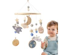 Crib Mobile - Nursery Wooden Decor | 360 Degree Rotating Space Pattern Crib Mobile for Calming Visual Stimulation Play Travel Night Sleep Bedding