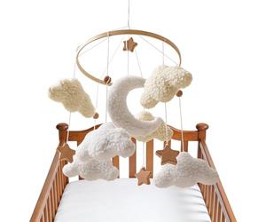 Crib Mobile - Rotating Soothing Aesthetic Nursery Decor for Bedroom | Handcrafted Wool Felt Clouds with Natural Wooden Hoop & Neutral Tones for Boys and Girls, 17.72x9.06 inches