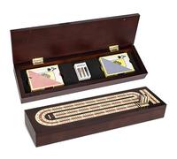 cribbage board game with magnetic lock and metal pegs, 2 playing cards and large storage, 3 track continuous board for traveling