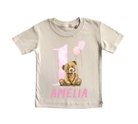 cribstar Personalised 1st Birthday Teddy T-Shirt, 100% Cotton, Birthday Boy/Girl, One Today, First Birthday, Birthday Top, Baby Boy/Girl Birthday (UK, Age, 1 Year, 2 Years, Cream, Pink Teddy)