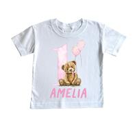 cribstar Personalised 1st Birthday Teddy T-Shirt, 100% Cotton, Birthday Boy/Girl, One Today, First Birthday, Birthday Top, Baby Boy/Girl Birthday (UK, Age, 1 Year, 2 Years, White, Pink Teddy)