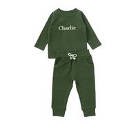 cribstar Personalised Baby Ribbed Tracksuit Set Organic Cotton Custom Embroidered Name 2 Piece Outfit Toddler Boys Girls Unisex Gift (Khaki Green, 12-18 months)