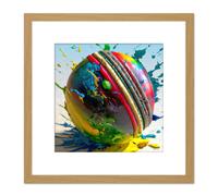 Cricket Ball Dynamic Paint Splatter Bright Action Painting Square Wooden Framed Wall Art Print Picture 8X8 Inch Artery8 Light Oak One Size