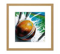 Cricket Ball Hits Wickets Spin Bowler Dynamic Sports Splatter Painting Square Wooden Framed Wall Art Print Picture 8X8 Inch Artery8 Light Oak One Size