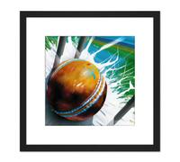 Cricket Ball Hits Wickets Spin Bowler Dynamic Sports Splatter Painting Square Wooden Framed Wall Art Print Picture 8X8 Inch Artery8 Black One Size