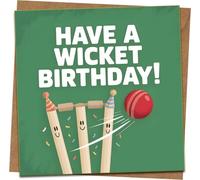 Cricket Birthday Card - 'Have a Wicket Birthday!' Funny Sports Greeting - 145mm x 145mm Square - Includes Kraft Envelope - For Him Her Men Boys Fans