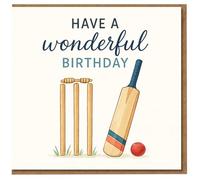 Cricket Birthday Card - Have a Wonderful Birthday - Bat, Stumps and Red Ball Illustration