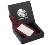 CRICKET-GIFTS - Buffalo Leather Luggage Tag | Red with White Cricket Ball Stitching | Durable & Stylish Travel Accessory | Personalizable ID Area | Love Cricket, OneSize