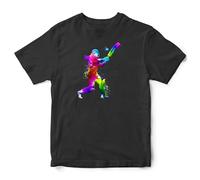 Cricket Girl Paint Splatter Silhouette Kids T Shirt Cricketer Sport Girls Tee, 9-11 Years, Black