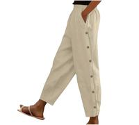 Cricket Trousers Age 14 Solid Color Elasticated Waist Cropped Trousers Ladies Summer Lounge Pants Plain Casual Bottoms with Pockets and Side Button Design Apricot
