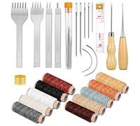 Cridoz 35 Pcs Leather Stitching Pouch Kit with 4mm Prong Sewing Hole Punch, Leather Sewing Tools, Waxed Thread and Large-Eye Stitching Needles for Beginner Leather Sewing Working Crafting Projects