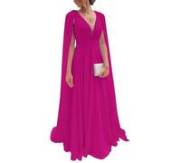 CRIEBDK Women's Long Bridesmaid Dresses for Wedding Chiffon Sleeveless Formal Evening Party Gowns with Cape, Hot Pink, 8