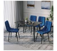 (Crimea Shinny + 4 Blue Velvet Chairs) 120cm Modern Dining Table & Velvet Chairs Set