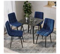 (Crimea Shinny + 4 Blue Velvet Chairs) 80cm Modern Dining Table & Velvet Chairs Set