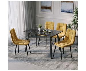 (Crimea Shinny + 4 Yellow Velvet Chairs) 120cm Modern Dining Table & Velvet Chairs Set